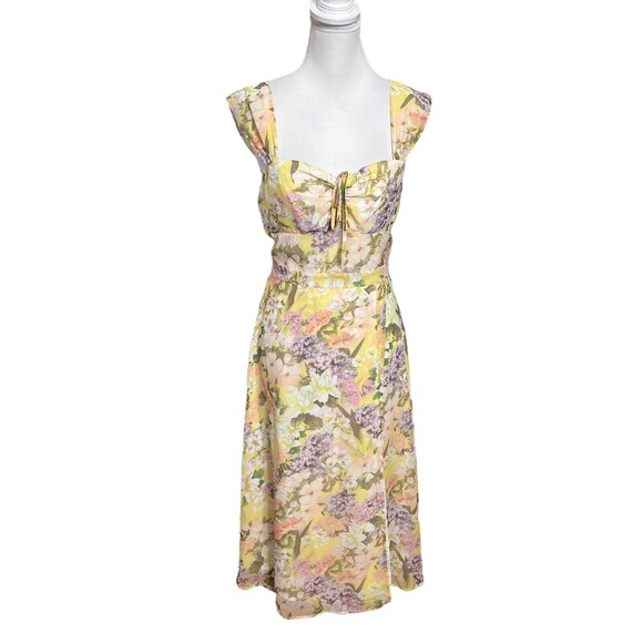 Yumi Kim Ariana Floral Dress Women’s Size Small Yellow Midi Ruched Lined - Picture 2 of 13